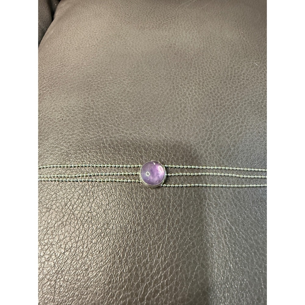 LBVYR Triple Strand Ball Chain Bracelet Purple Amethyst Cabochon Silver Tone